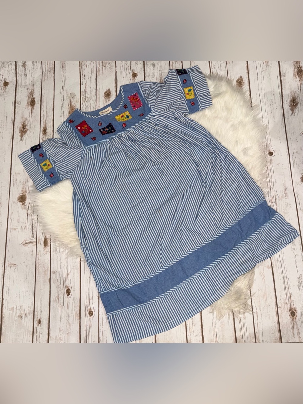 Bechamel Women’s Vintage Dress Blue White Striped Embroidered Floral Boho Size S